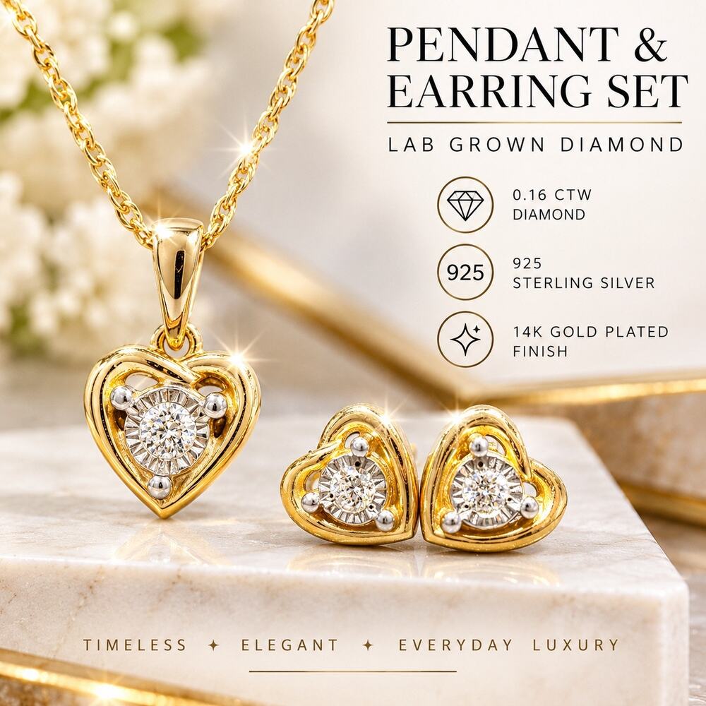 NWT Lab Grown Diamond Heart Necklace Earrings Set 0.16 CTW 14K Gold 925 Silver
